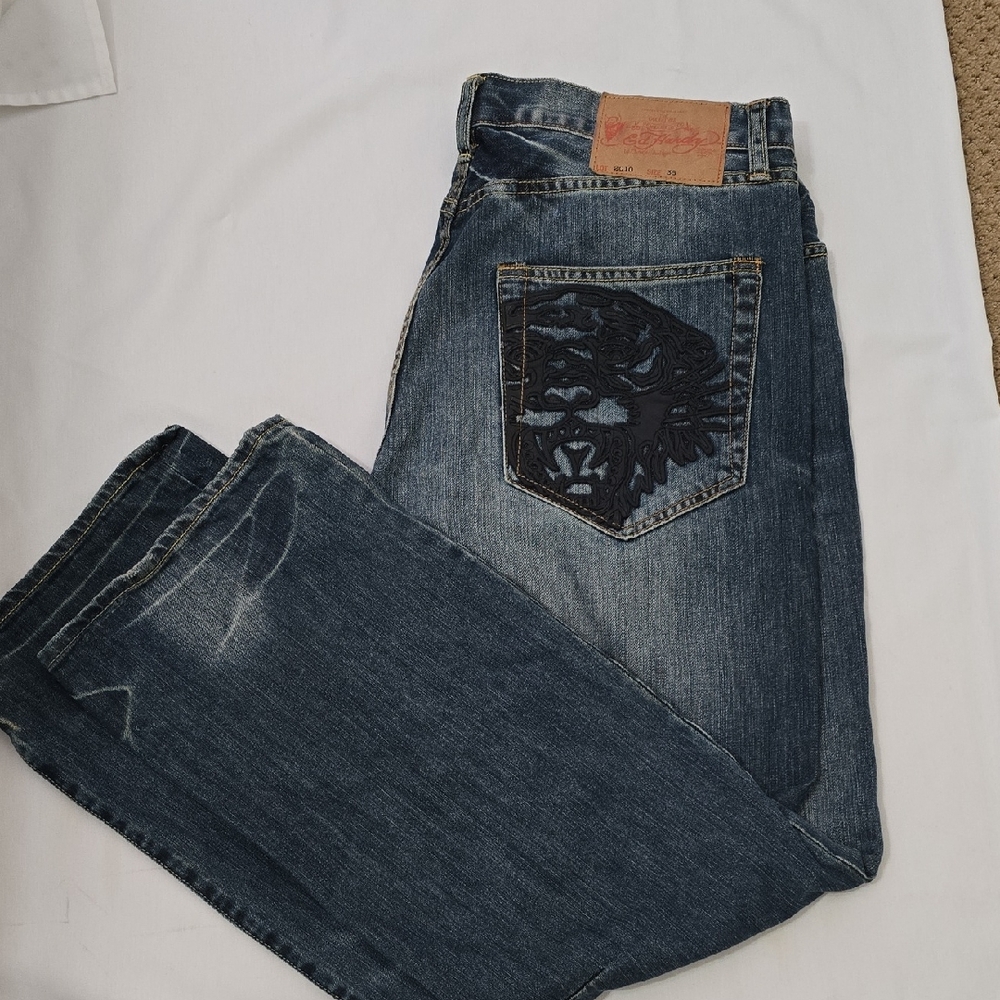 Ed Hardy Vintage Men's Blue Jeans‎ with Black Tiger Pocket Design 38
